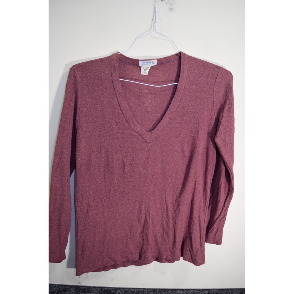 Vintage Christian Dior LOOSE WEAVE SILK V Neck Long Sleeve Shirt WOMENS L Mauve